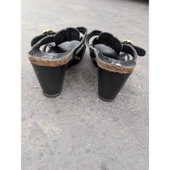 Mephisto Black Leather Wedge Sandals Womens Size 37 US 7 Studded Open Toe Buckle - Picture 4 of 8